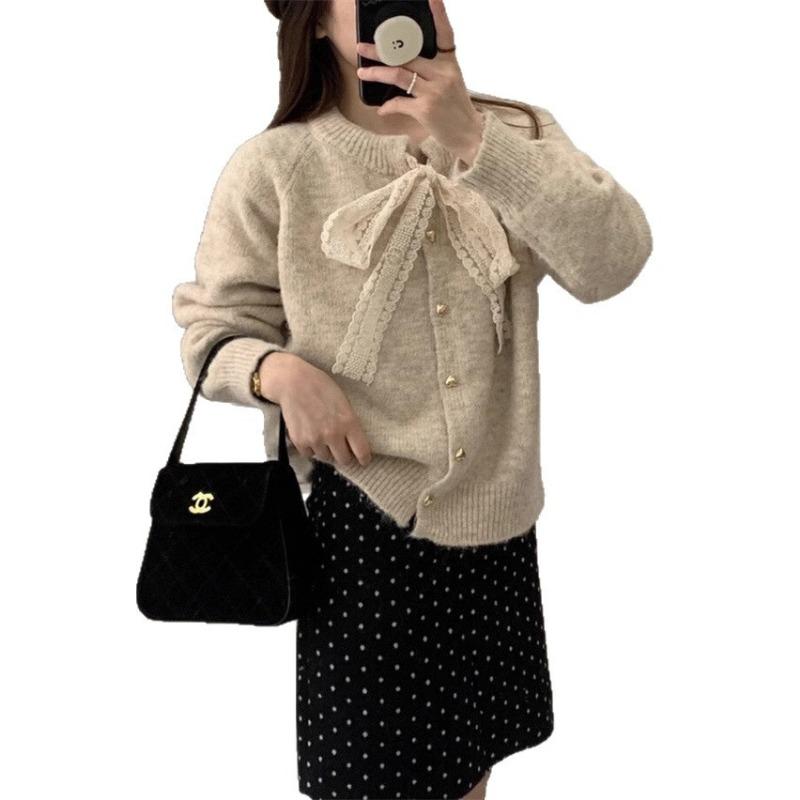 Crew Neck Bow Sweater Cardigan Women's Autumn and Winter Soft Waxy Lazy Wind Loose Knitted Jacket Thick