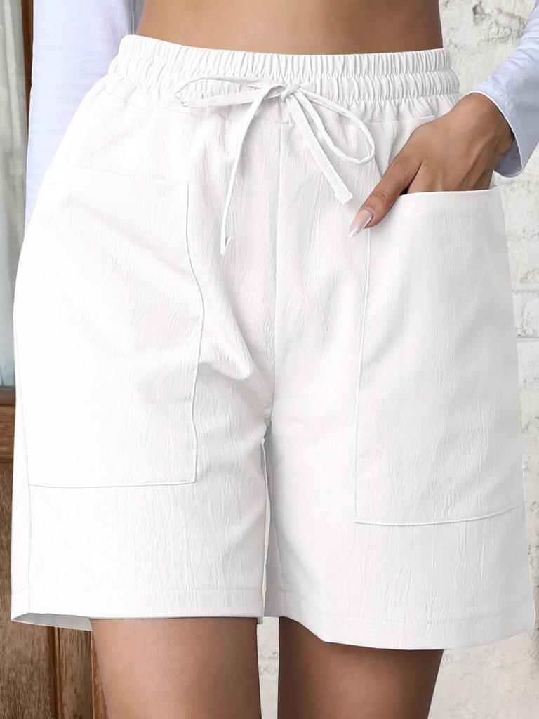 Summer new loose linen casual solid color high waist pocket drawstring large size shorts women