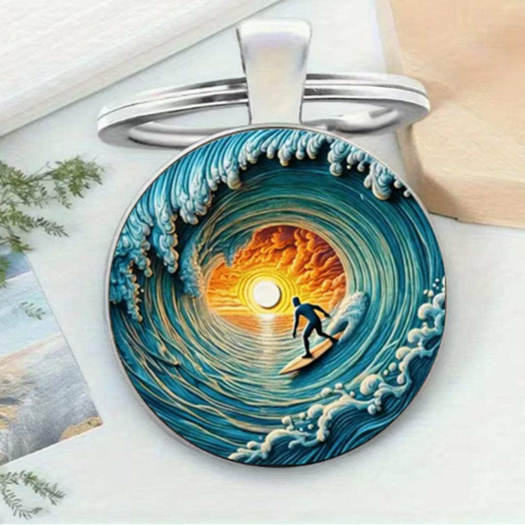 Round Alloy Keychain Pendant with Metal Key Ring and Artistic Surfing Wave Print for Keys Bags Backpacks Luggage Accessories