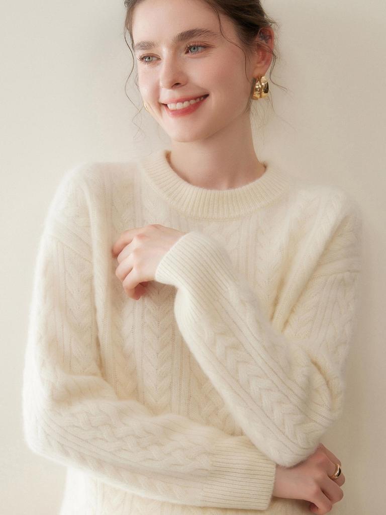 Women's Thickened Cashmere Sweater - Round Neck, Drop Shoulder, Loose Cable Knit Pullover