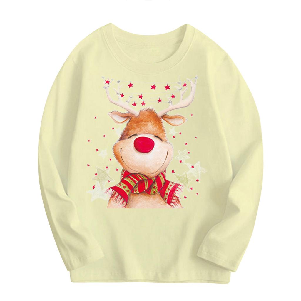 Kids Unisex Loose Long Sleeve Cotton Reindeer Cartoon Print Casual T Shirt