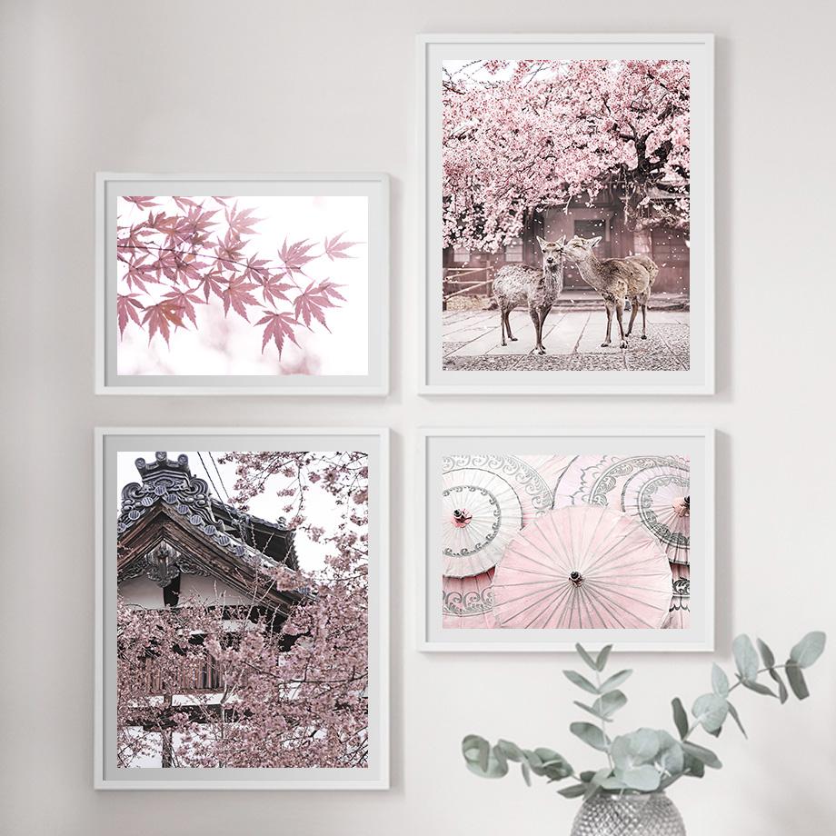 Japan Sakura Fuji Mountain Deer Gebäude Wand Kunst Leinwand Malerei Nordic Poster Und Drucke Wand Bilder Für Wohnzimmer Dekor