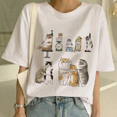 Summer New Cute Cat Funny Cartoon T-shirt Harajuku Graphic Ulzzang Tshirt 90s Print T Shirt  Fashion Aesthetic Ladies Tee Shirt