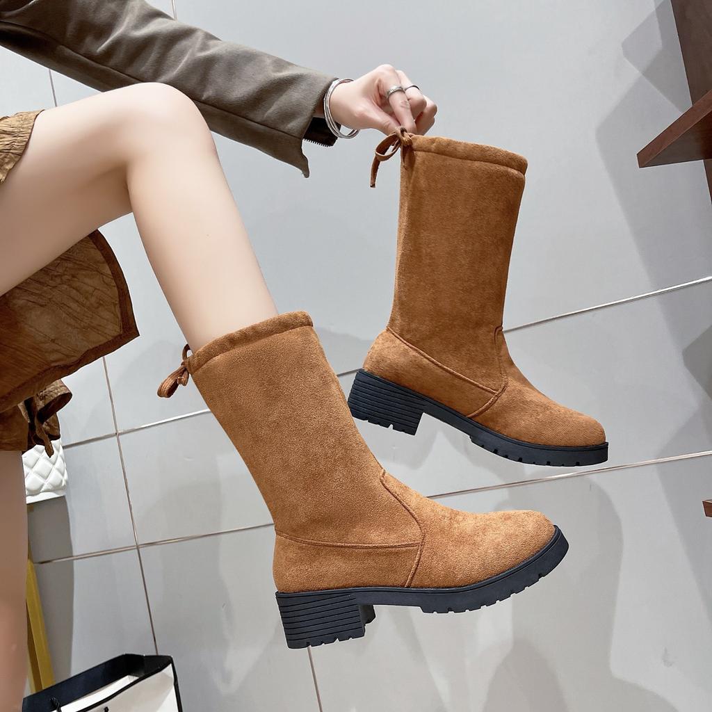 Suede Women Ankle Boots Mid Heels Shoes Snow Warm Fashion Chunky Shoes 2024 Trend Walking Casual Chelsea Winter Cozy Botas Mujer