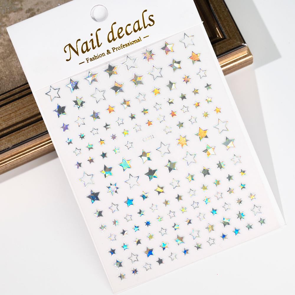 Black White Star 3D Nail Art Sticker Y2K Pentagram Self-Adhesive Decals Laser Shiny Glitters Starlight Manicure Ornaments Slider