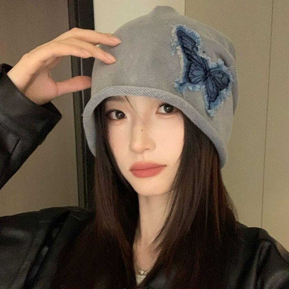 Patch Retro Skullies College Style Pullover Hat Casual Butterfly Beanies  Outdoor