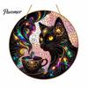 Unique Cat Theme Gift Moon Halloween Window Hanging Decor, Mystical Black Round Sign Decorative Craft Board Tag for Indoor Outdoor Wall Art,