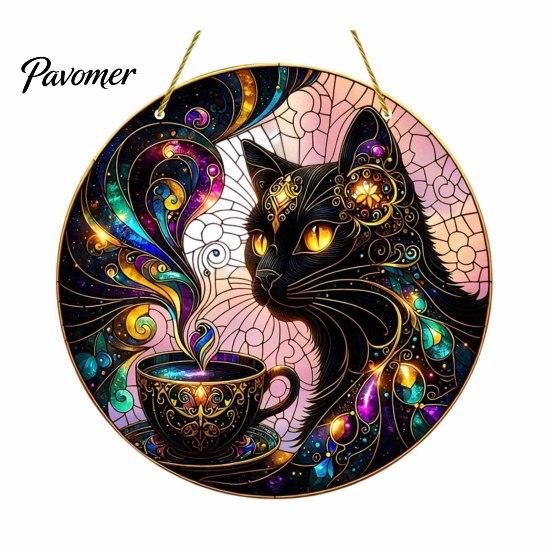 Unique Cat Theme Gift Moon Halloween Window Hanging Decor, Mystical Black Round Sign Decorative Craft Board Tag for Indoor Outdoor Wall Art,