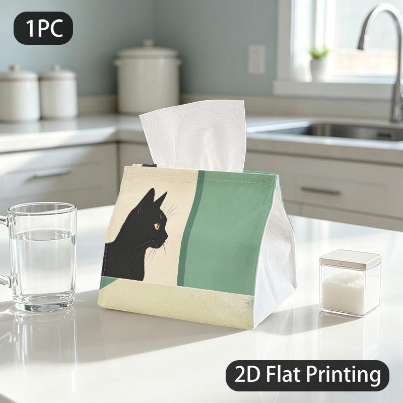 1pc Tissue Box, MINIMALIST STYLE BLACK CAT CALM VIBE Pattern, 2D Flat Printing, Crafted with Strong Polyester, Can Be Folded, Tissue Container, for Ev