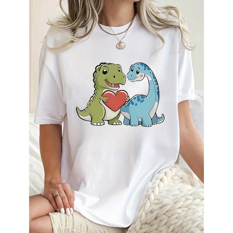 Women's Love Dinosaurs Print T-Shirt Casual Crew Neck Short Sleeve All-Season Top