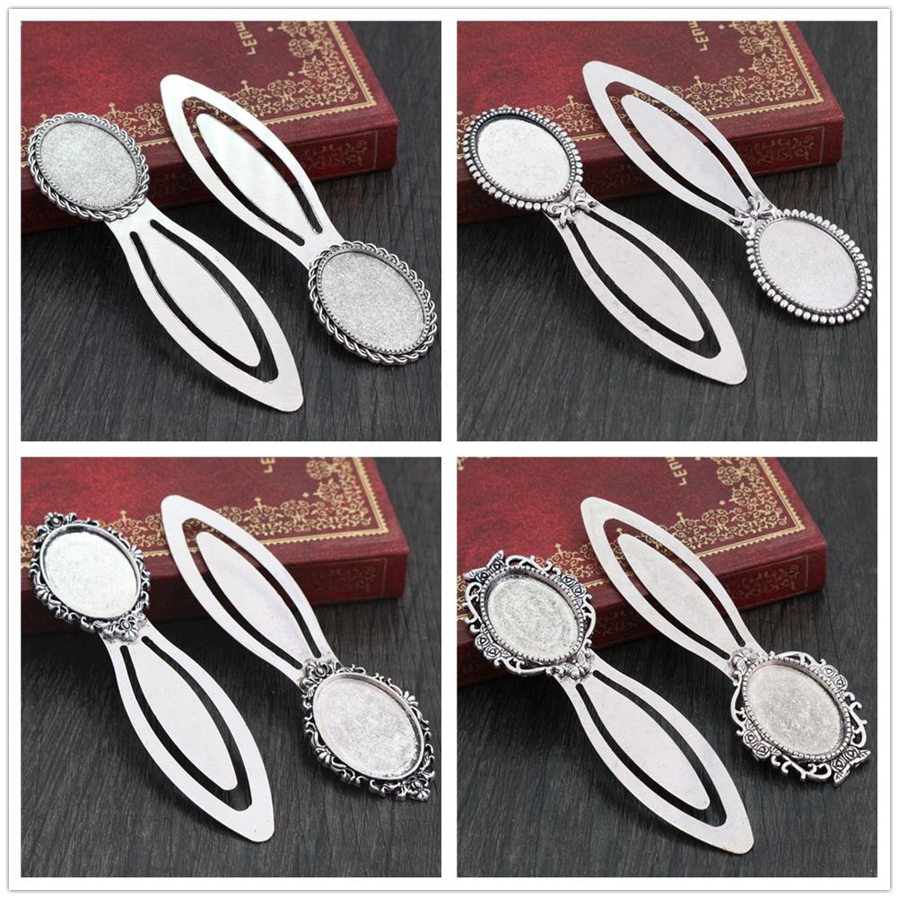 Neumodisches 2er-Set Lesezeichen (18 x 25 mm Innenmaß), antiksilberplattiert und bronzefarben, schlichtes Design, handgefertigt, Cabochon-Sockel, Kameenfassung