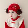 Red Knitted Baby Girl Princess Wig Hat - Festive New Year Wool Hat