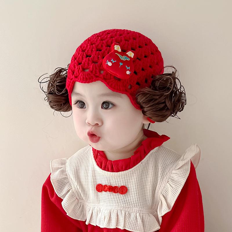 Red Knitted Baby Girl Princess Wig Hat - Festive New Year Wool Hat