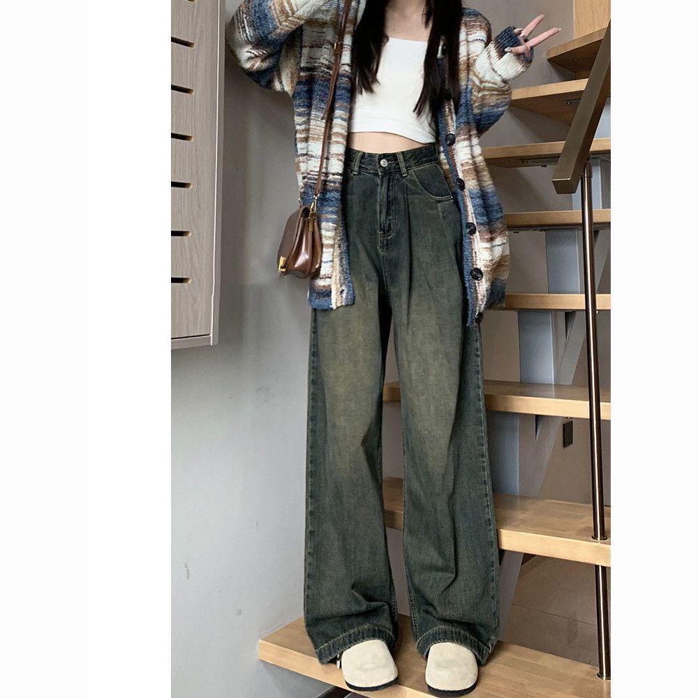 

Plus Size Cement Gray Wide-Leg High Waist Jeans for Women - Spring/Autumn Retro Slimming Straight-Leg Pants S [Recommended 80-95 kg]