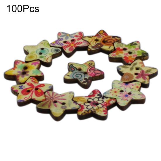 

100Pcs Vintage Pentagram Star Shape Flower Print Sewing Mending Wooden Buttons
