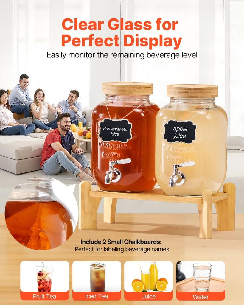 Drink Dispenser 3.8L Beverage Dispenser for Parties Glass with Stand 2PCS