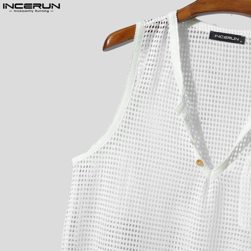 INCERUN Men V Neck Sleeveless Hollow Mesh See Through Party Beach Tank Tops