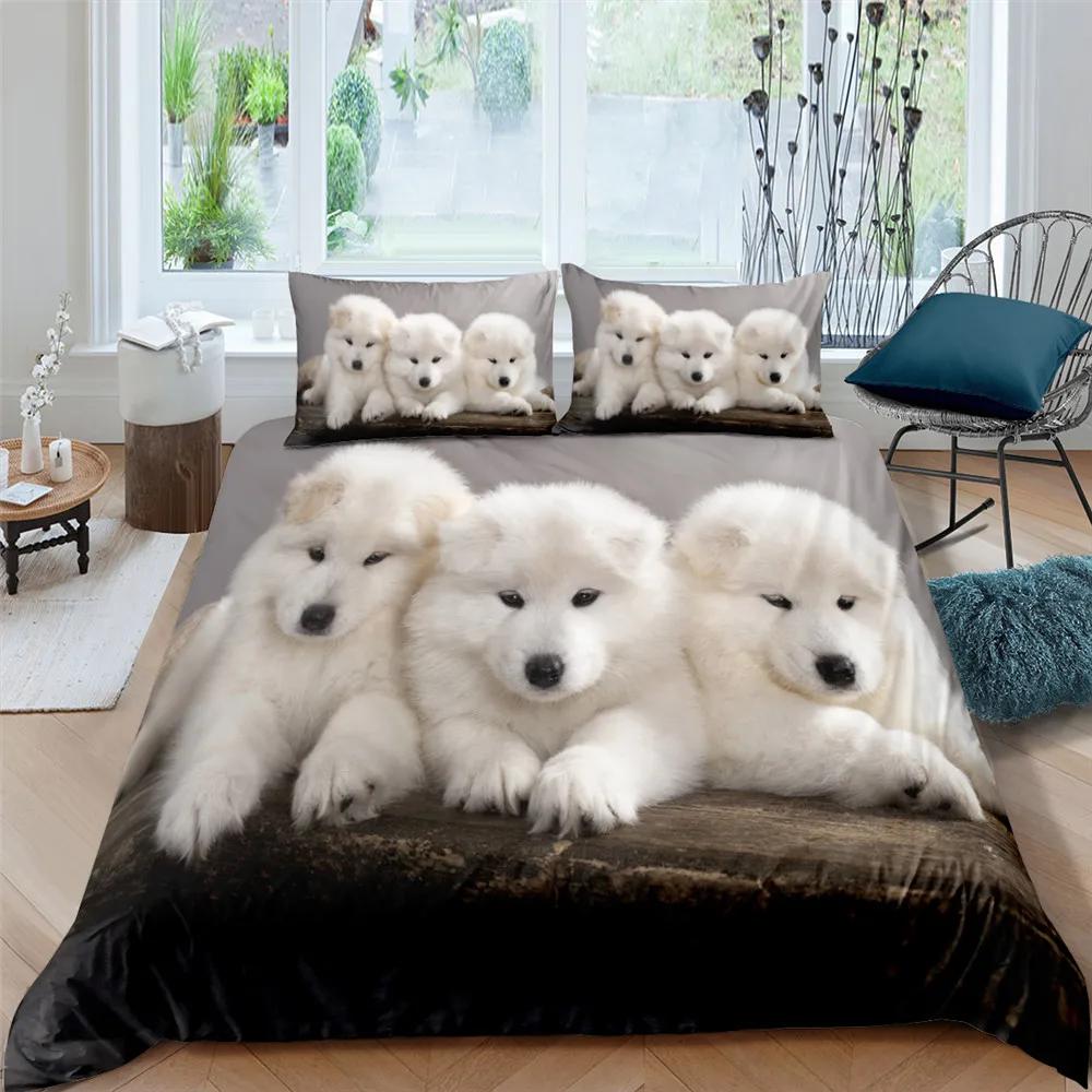 3D Dog King Queen Full Twin Duvet Cover Funny Puppy Bedding Set Teens Adult Kawaii Pet Animal White 2/3pcs Polyester Quilt Cover