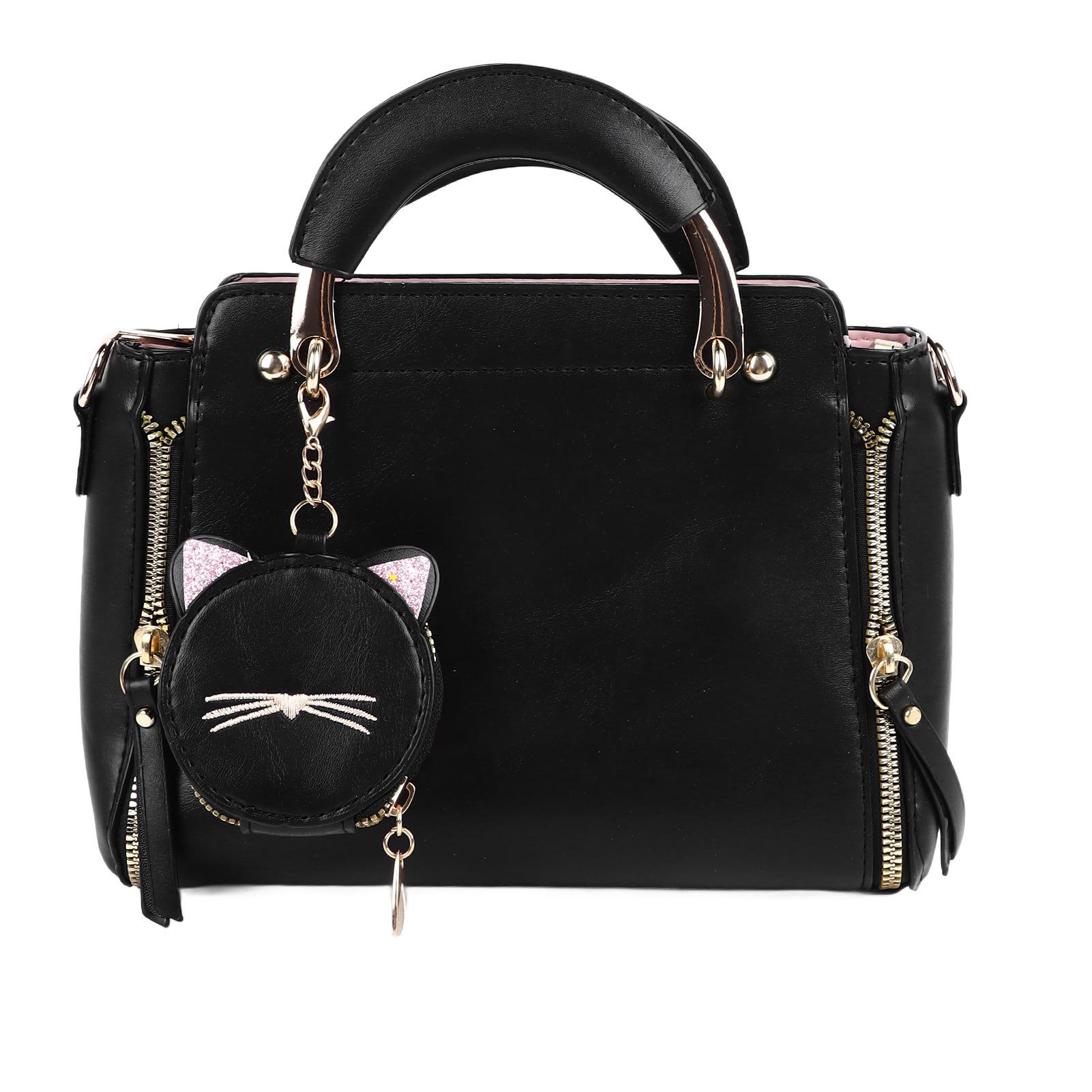 Women Handbag with Shoulder Strap Coin Purse PU Leather Zipper Multi Purpose Handbag Stylish Messenger Bag Black Free