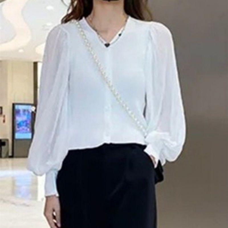 Autumn and Winter Temperament Fashion Suit for Women Petite Design Puff Sleeve Chiffon Shirt Casual High Waist Wide Leg Pants Two Piece Set