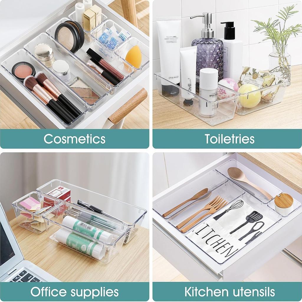 25 PCS Clear Plastic Drawer Organizer Set, 4 Sizes Desk Drawer Storage Bins for Makeup, Jewelry, Gadgets for Kitchen, Bedroom, Bathroom, Office