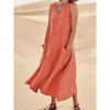 Summer Women Loose Long Sleeveless Round Neck Plain Pocket Dress Cotton Linen