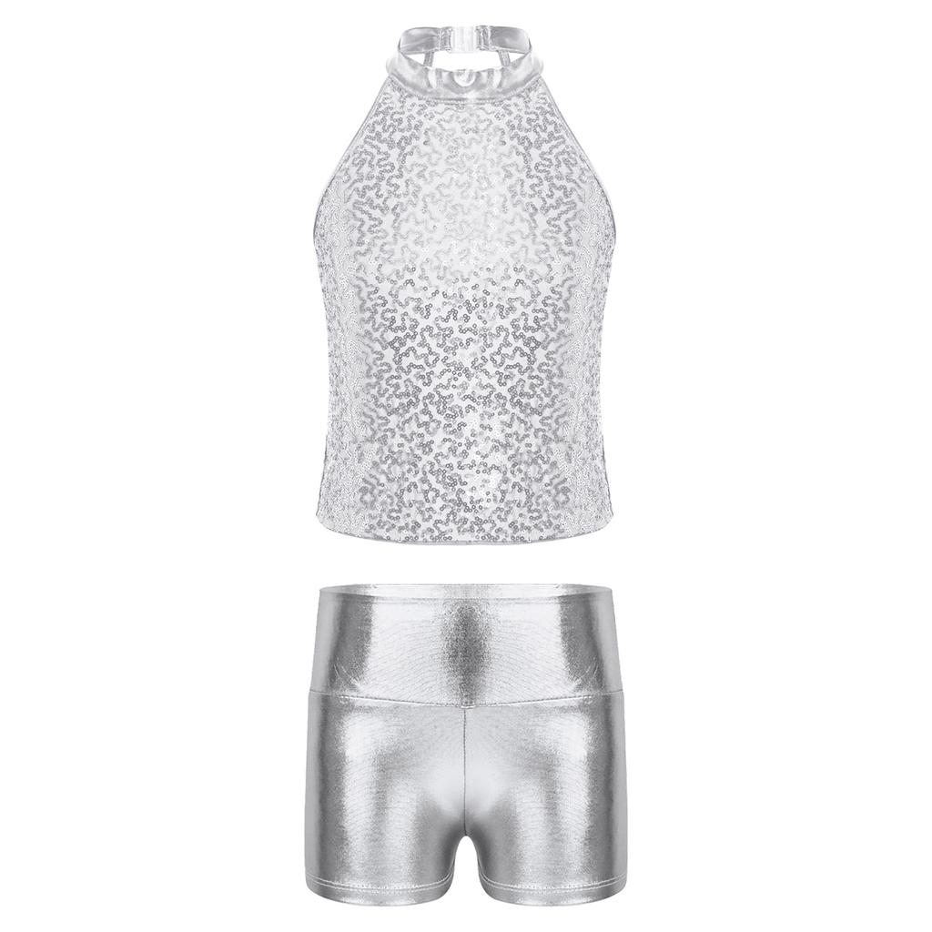 Girls Sleeveless Backless Shiny Sequin Halter Crop Top Metallic Dance Shorts Jazz Dance Stage Performance Outfit