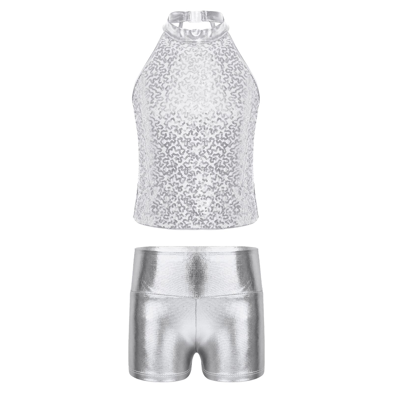 

Girls Shiny Sequin Halter Crop Top Sleeveless Backless Stage Top Metallic Dance Shorts Cheerleading Jazz Performance Set 5-6 Years срібний