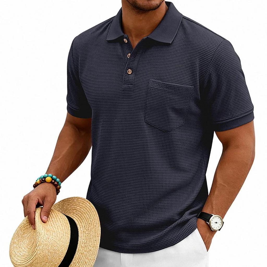 Men's Waffle Knit Polo Shirt Short Sleeve Casual Button Down Polos Men Solid Business Style Tees Tops