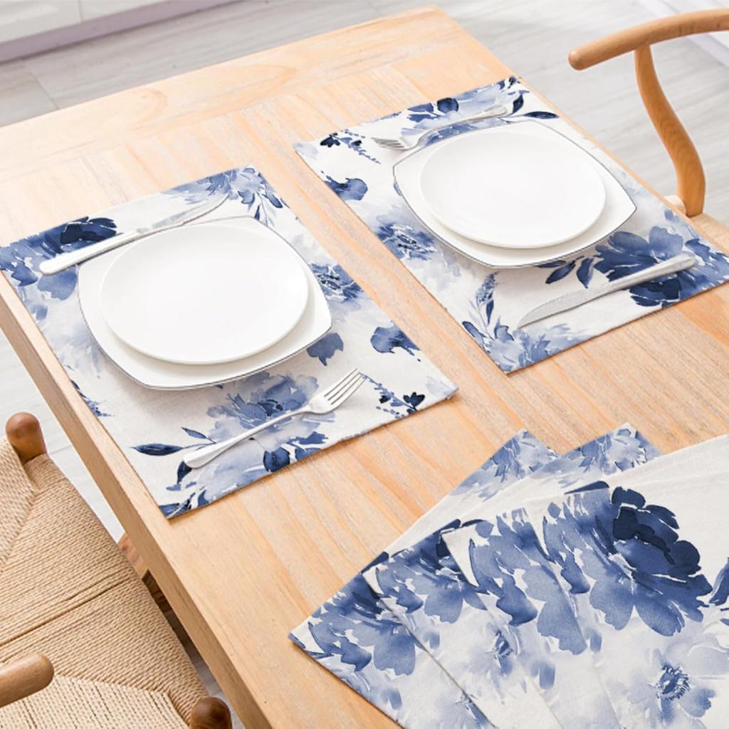Blue Leaves Watercolor Placemats Set of 4, 12x18 Inch Spring Summer Leaves Table Place Mats for Kitchen Dining Home Party Decor