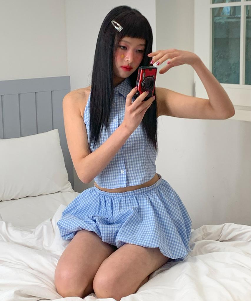 YOUHEE Check Halter Neck Shirts Light Blue