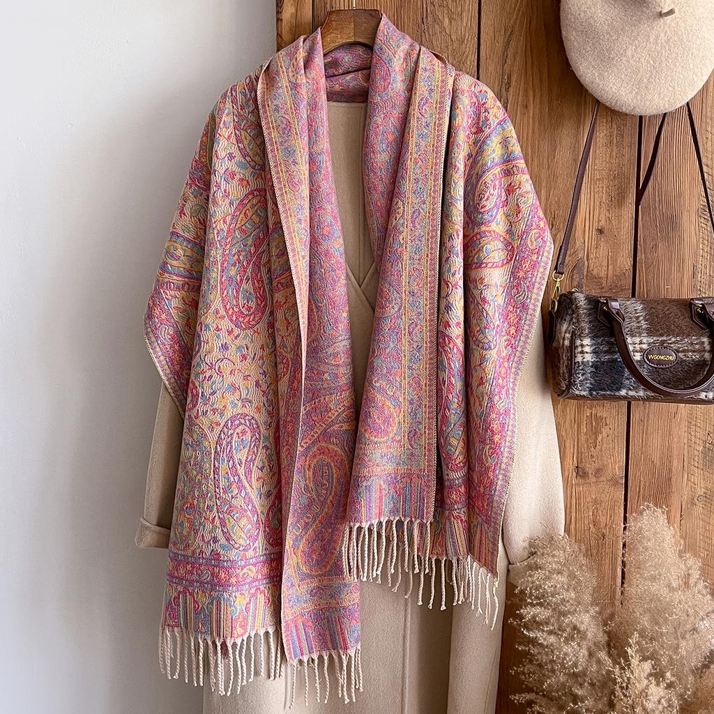 Fashion Women'S Cashmere Winter Shawl - Vintage Oil Painting Floral Printed Tasseled Pashmina Thick Wrap & Echarpe Poncho