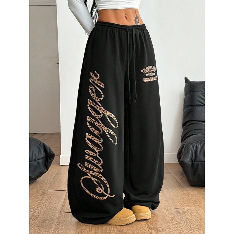 Womens Streetwear Wide Leg Pants With Print - Hip Hop Dance Loose Fit High Waist Trousers