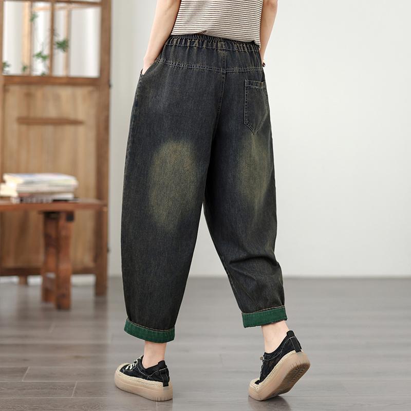 DIMANAF 2026 Summer New Plus Size Women Jeans Elastic Waist Vintage Print Long Pants Loose Casual Denim Cotton Trousers Pants