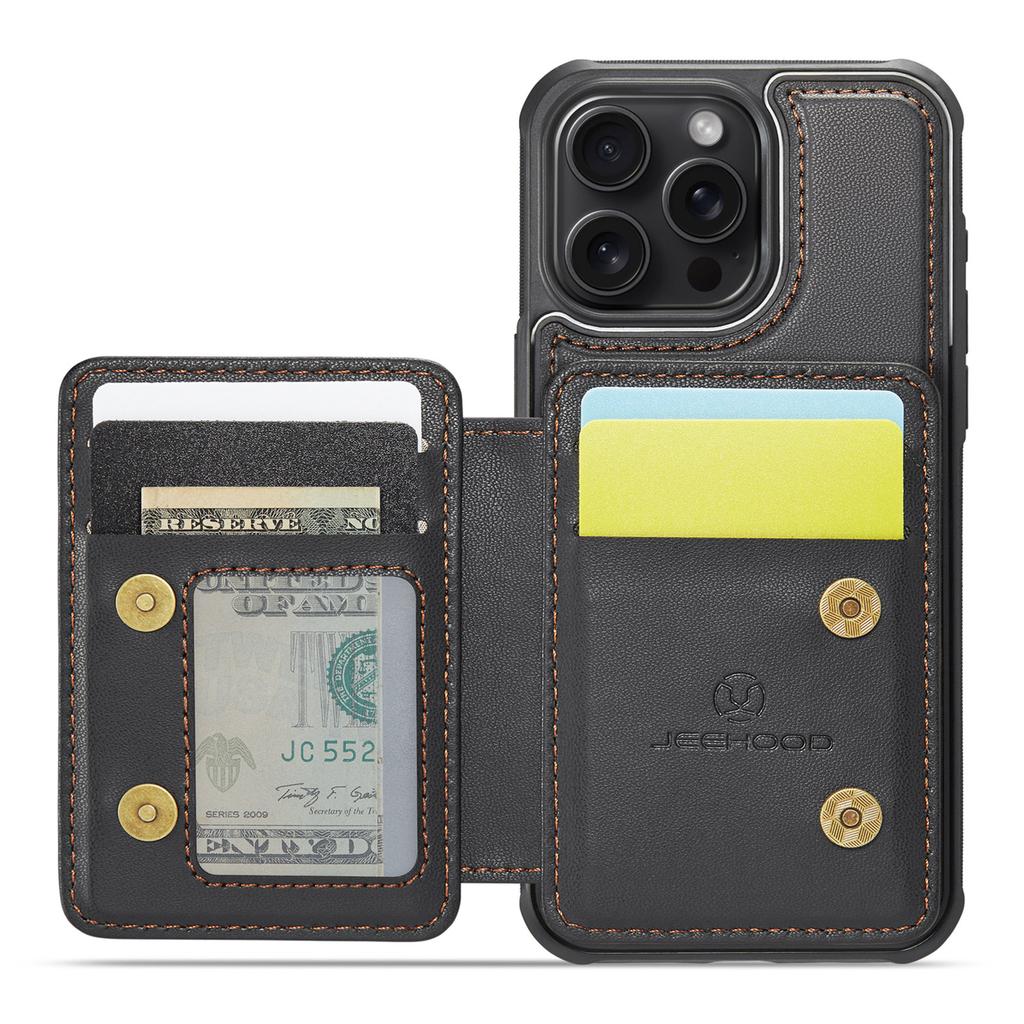 JEEHOOD J05 For iPhone 16 Pro Case Leather Mobile Cover with Detachable Magnetic Card Bag