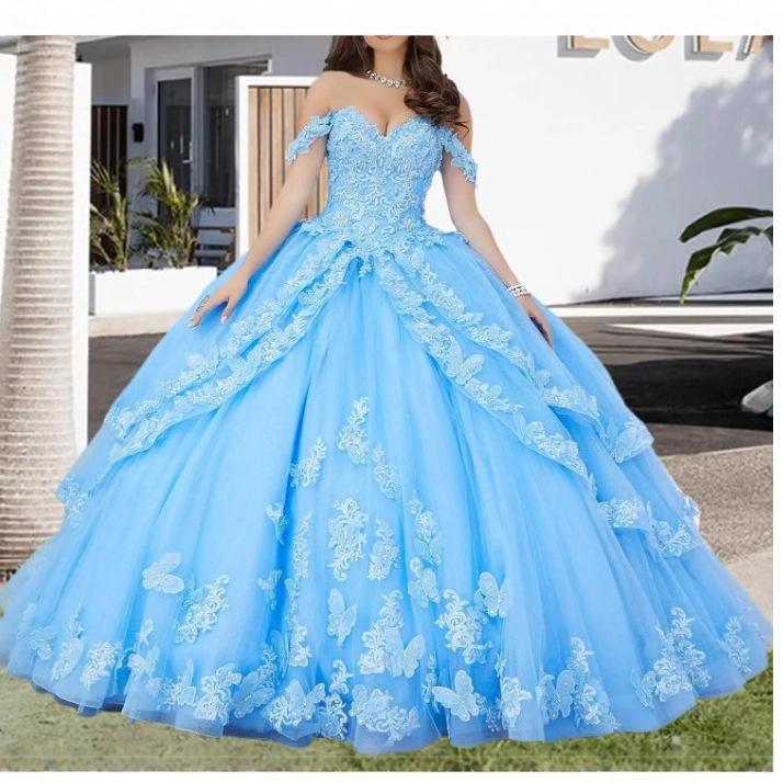 High-end Heavy Industry One-word Shoulder Light Wedding Dress Blue Fugitive Princess Tutu Dress Light Luxury Evening Dress