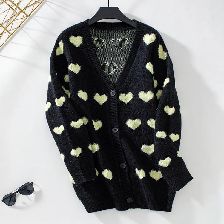 

Loose V-Neck Sweater Vintage Heart Print Knitwear Cardigan Long Sleeve Top for Autumn Winter XL чорний