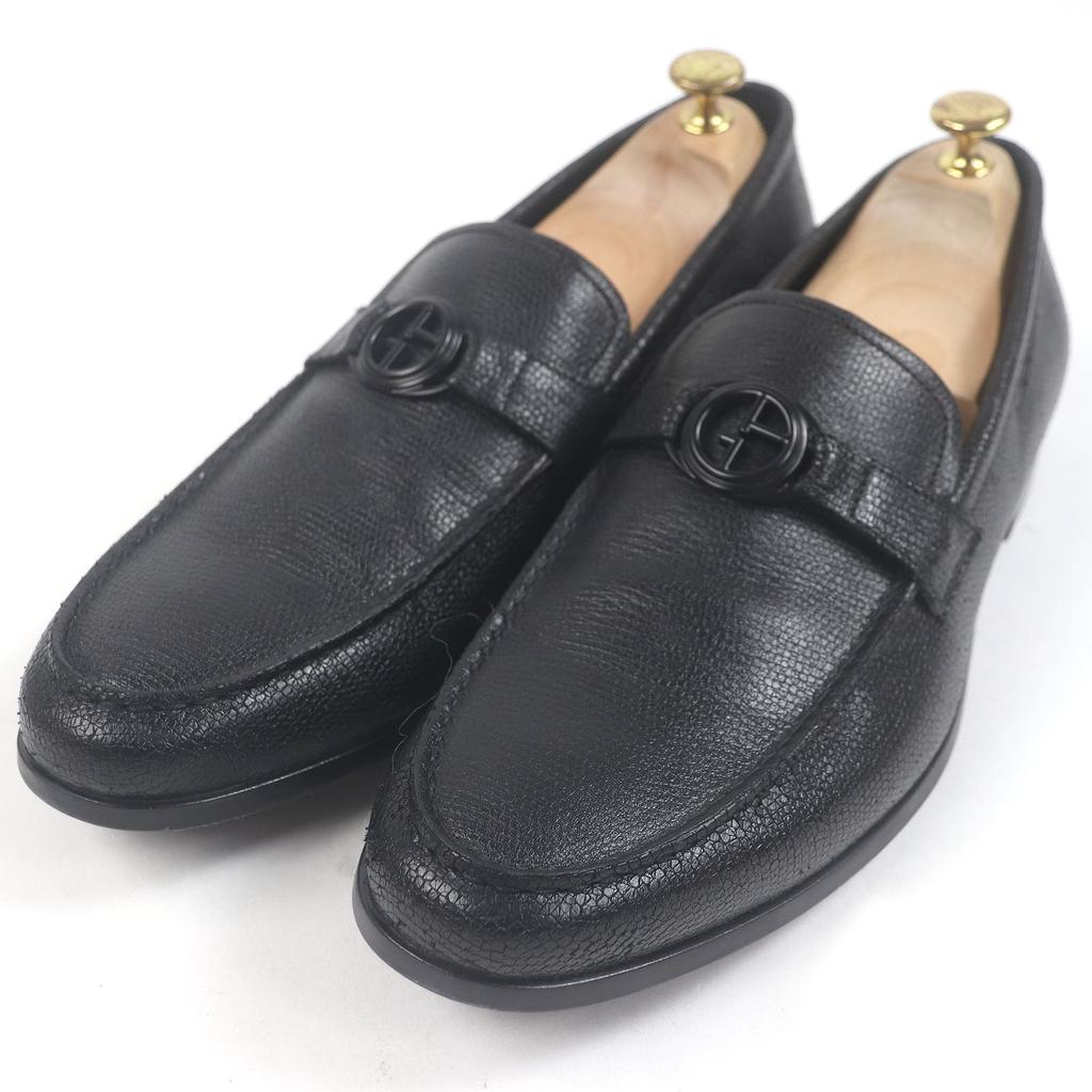 GIORGIO ARMANI loafers Logo Metal Moccasins black leather mens 10 Used