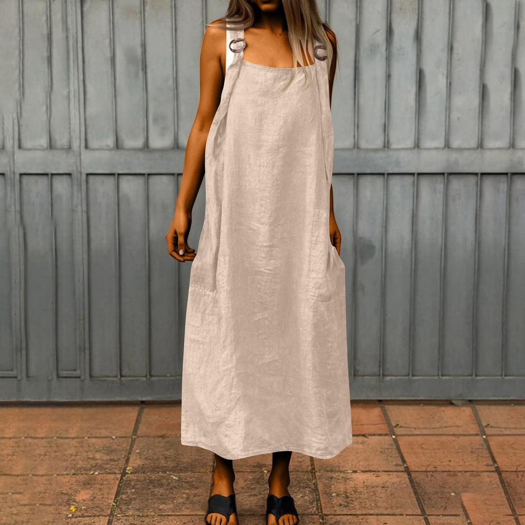 Women's Fashionable Color Square Neck Adjustable Shoulder Strap Casual Cotton And Linen Long Dress