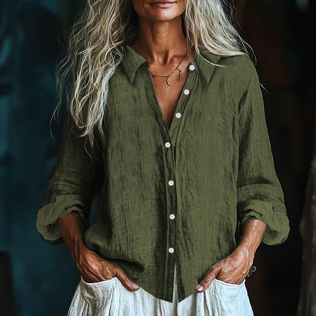 Women's Fashionable And Casual Solid-color Long-sleeved Cotton And Linen Shirt Top
