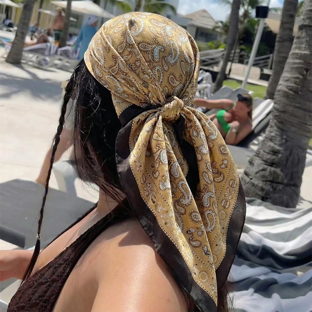 Šilkinė skara, atlasinė kvadratinė skara moterims, gėlėta kaklaskarėle, moteriška nauja galvos juosta, plaukų juosta Spausdinti Foulard Hijab Apvyniojimai Bandana