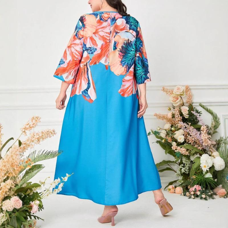 Elegancka długa sukienka damska plus size w stylu narodowym z nadrukiem vintage