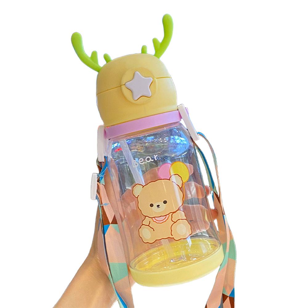 600ml Cartoon Water Bottle Children Net Red Plastic Antler Straw Water Cup Portable Polychrome Large Capacity Water Bottle Summe