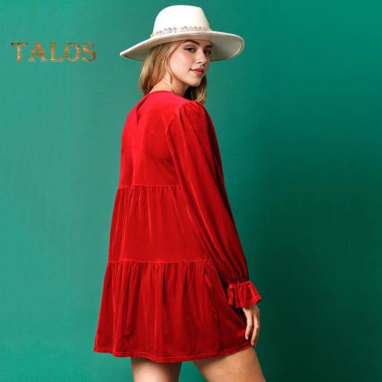 Weihnachtskleid für Damen, festlich, mit Sternendruck, Patchwork, Pailletten, A-Linie, plissiert, V-Ausschnitt, lange Ärmel, Rüschen, Samt, Party, Neujahr, Minikleid