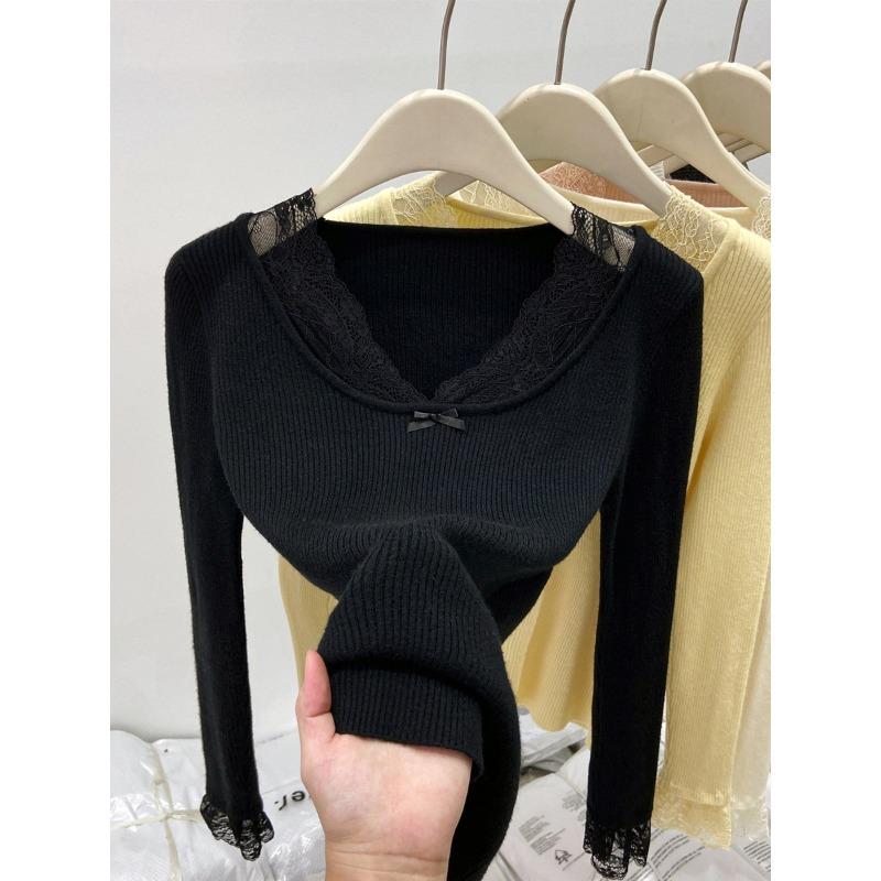 Pink white age-reducing slim-fit collar splicing lace long-sleeved knitted top women's spring new sweater bottoming shirt