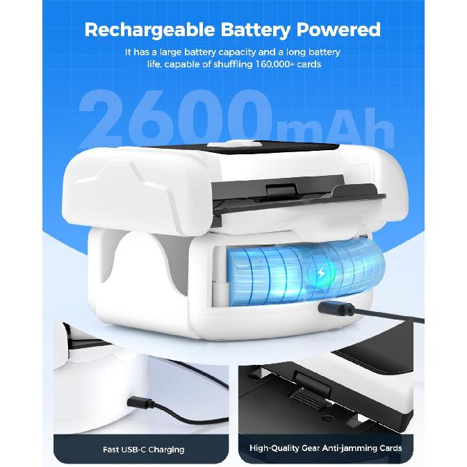Automatic Card Shuffler for 1-2 Decks, One-Click Shuffling and Manual Mode, Portable Rechargeable (2600mAh) – Compatible with Poker, UNO, Bridge,