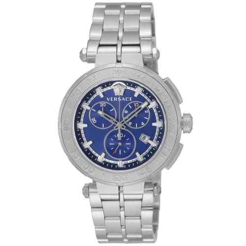 Versace GRECA CHRONO Greca Chronograph Watch, 45mm, Blue Dial, Stainless Steel, Sapphire Crystal, Quartz Movement, Men's, Silver, VEPM00420
