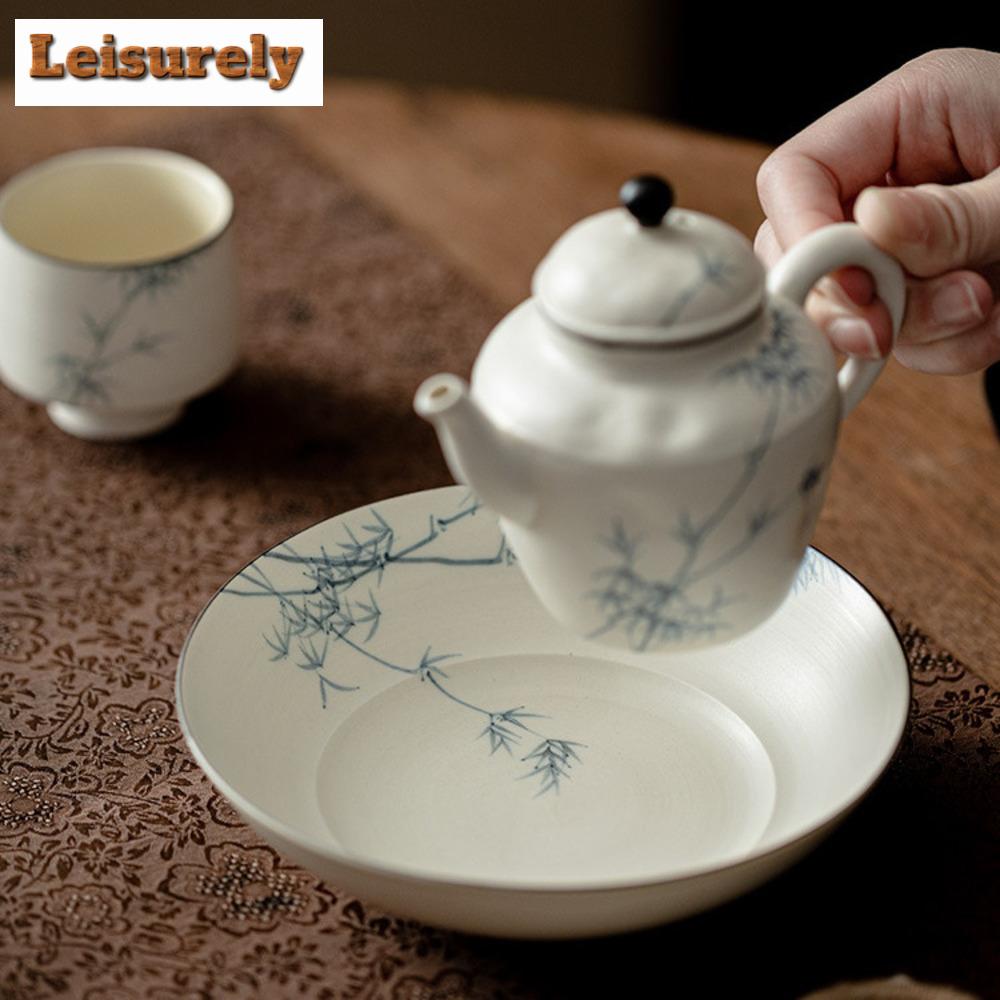 Hand-painted Bamboo Pot Bearing Holder Powder Yin White Magnolia Dry Brew Table Tea Tray Fruit Snack Plate Supplies Ornaments