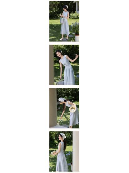 Women's French Blue Elegant Summer Long Dress with Slimming Waist Design