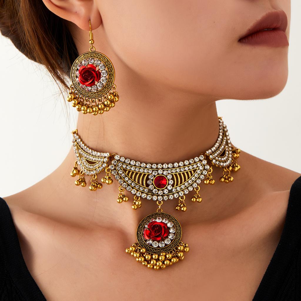 Bohemian Vintage Floral Necklace and Earring Set , Retro Ethnic Style Jewelry for Women